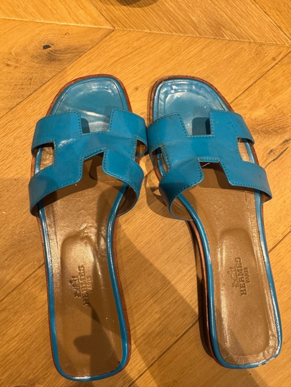 Hermes Turquoise Leather H-Cut Slide Sandals